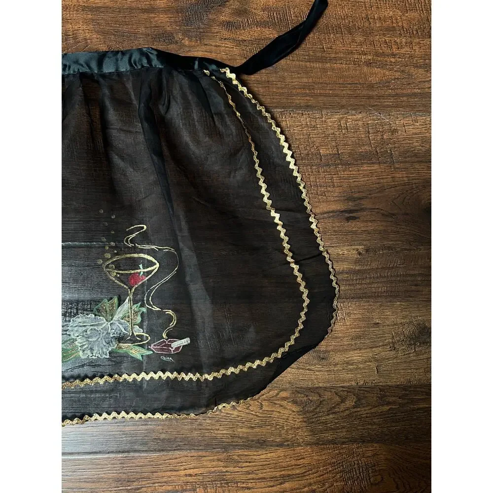 VTG Mid Century Sheer Black Half Apron Hand Painted Martini Cigarette Gold Trim